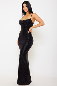 RHINESTONE SLIM COWL NECK MAXI DRESS