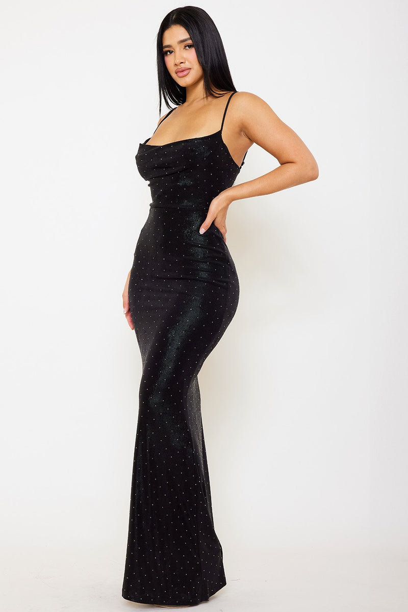 RHINESTONE SLIM COWL NECK MAXI DRESS