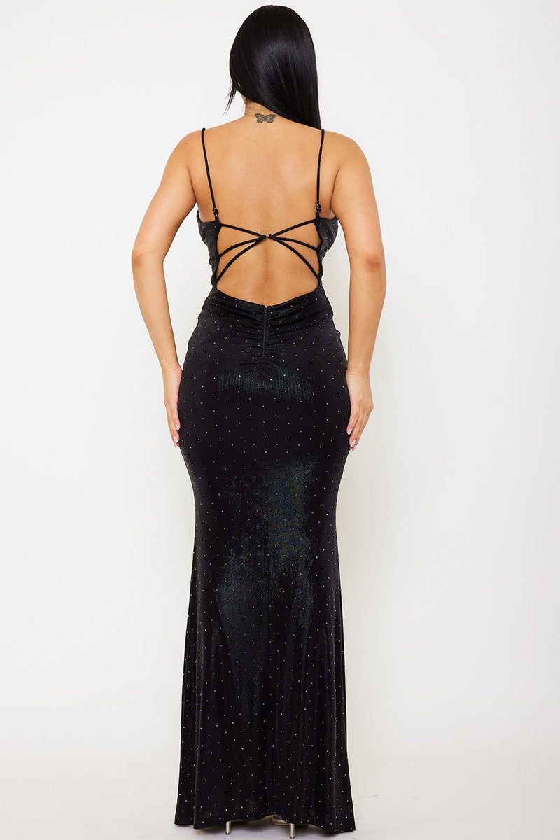 RHINESTONE SLIM COWL NECK MAXI DRESS