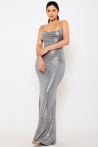 RHINESTONE SLIM COWL NECK MAXI DRESS