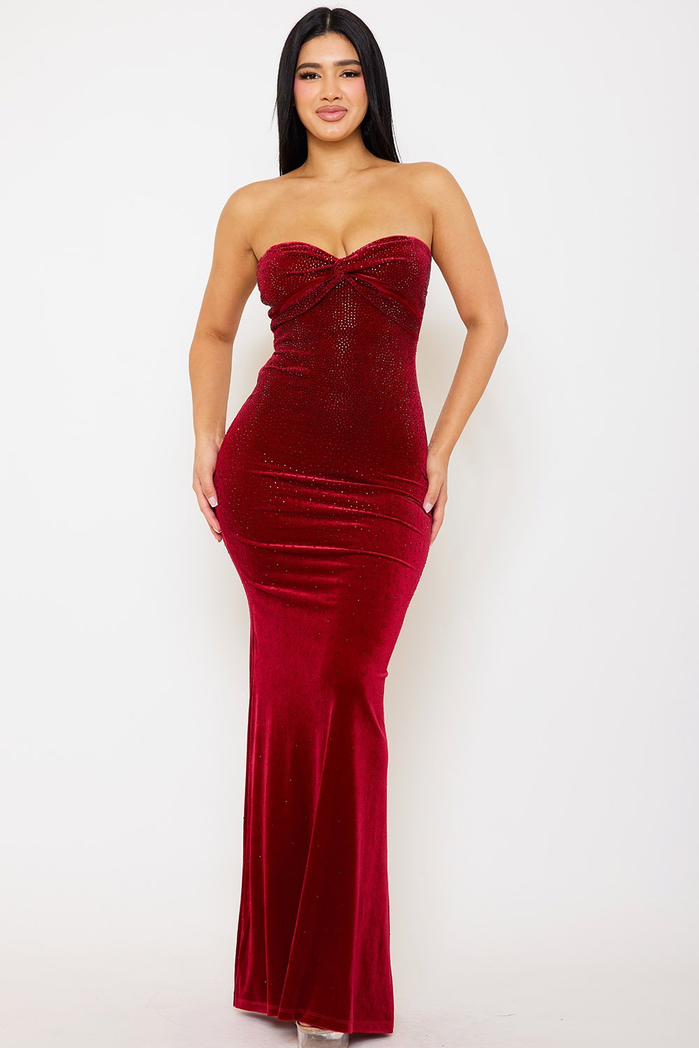 RHINESTONE VELVET SWEETHEART NECK MAXI DRESS