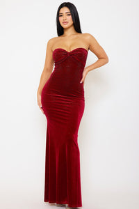 RHINESTONE VELVET SWEETHEART NECK MAXI DRESS