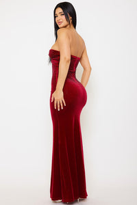 RHINESTONE VELVET SWEETHEART NECK MAXI DRESS