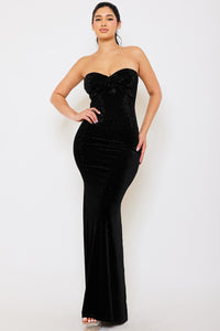 RHINESTONE VELVET SWEETHEART NECK MAXI DRESS