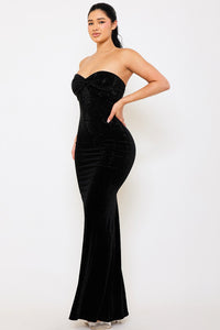 RHINESTONE VELVET SWEETHEART NECK MAXI DRESS