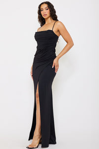 PLEATED COWL  NECK MAXI DRESS