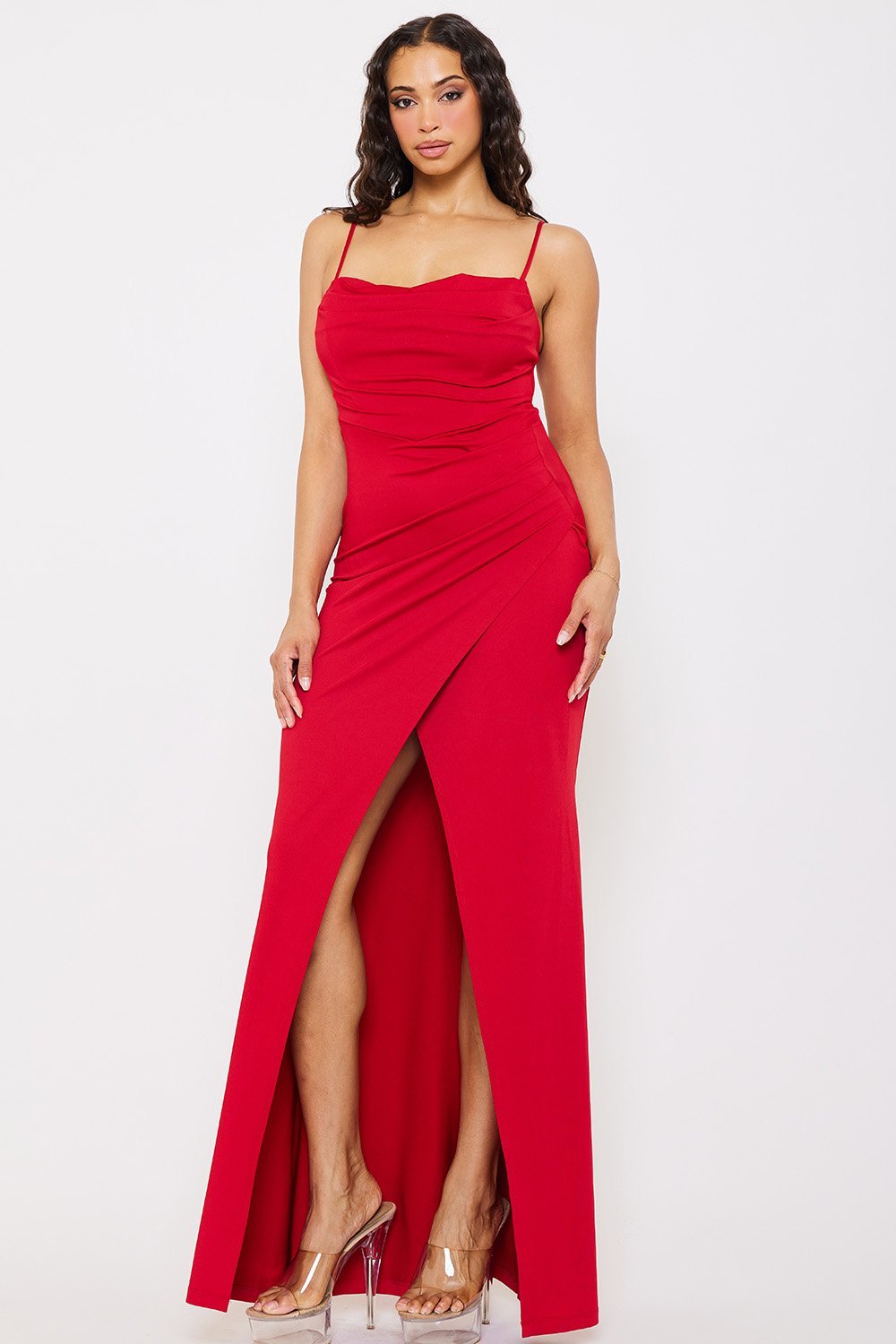 PLEATED COWL  NECK MAXI DRESS