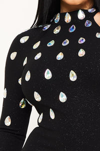 TEARDROP RHINESTONE DETAIL ONE SHOULDER MAXI DRESS