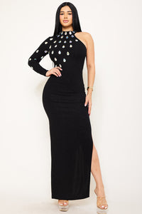 TEARDROP RHINESTONE DETAIL ONE SHOULDER MAXI DRESS