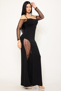 BEADED MESH PANELED MAXI DRESS