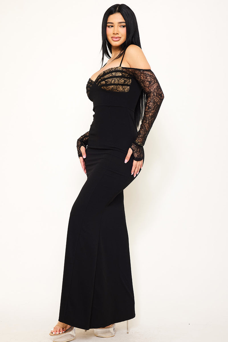 LACE PANELED WITH PIPING ON BUST MAXI DRESS