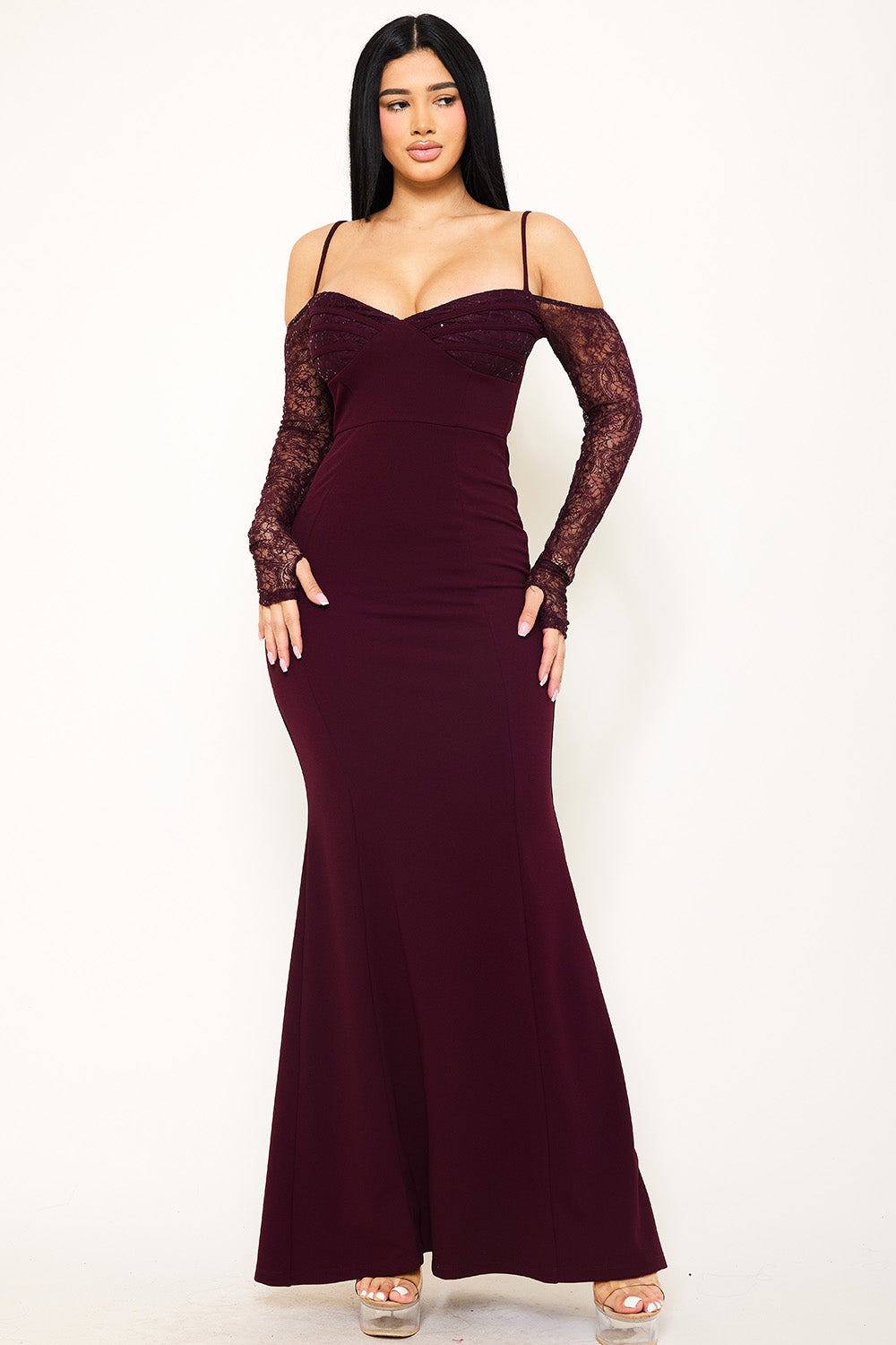 LACE PANELED WITH PIPING ON BUST MAXI DRESS