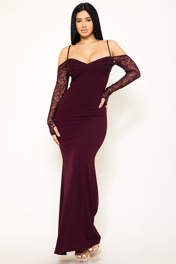 LACE PANELED WITH PIPING ON BUST MAXI DRESS