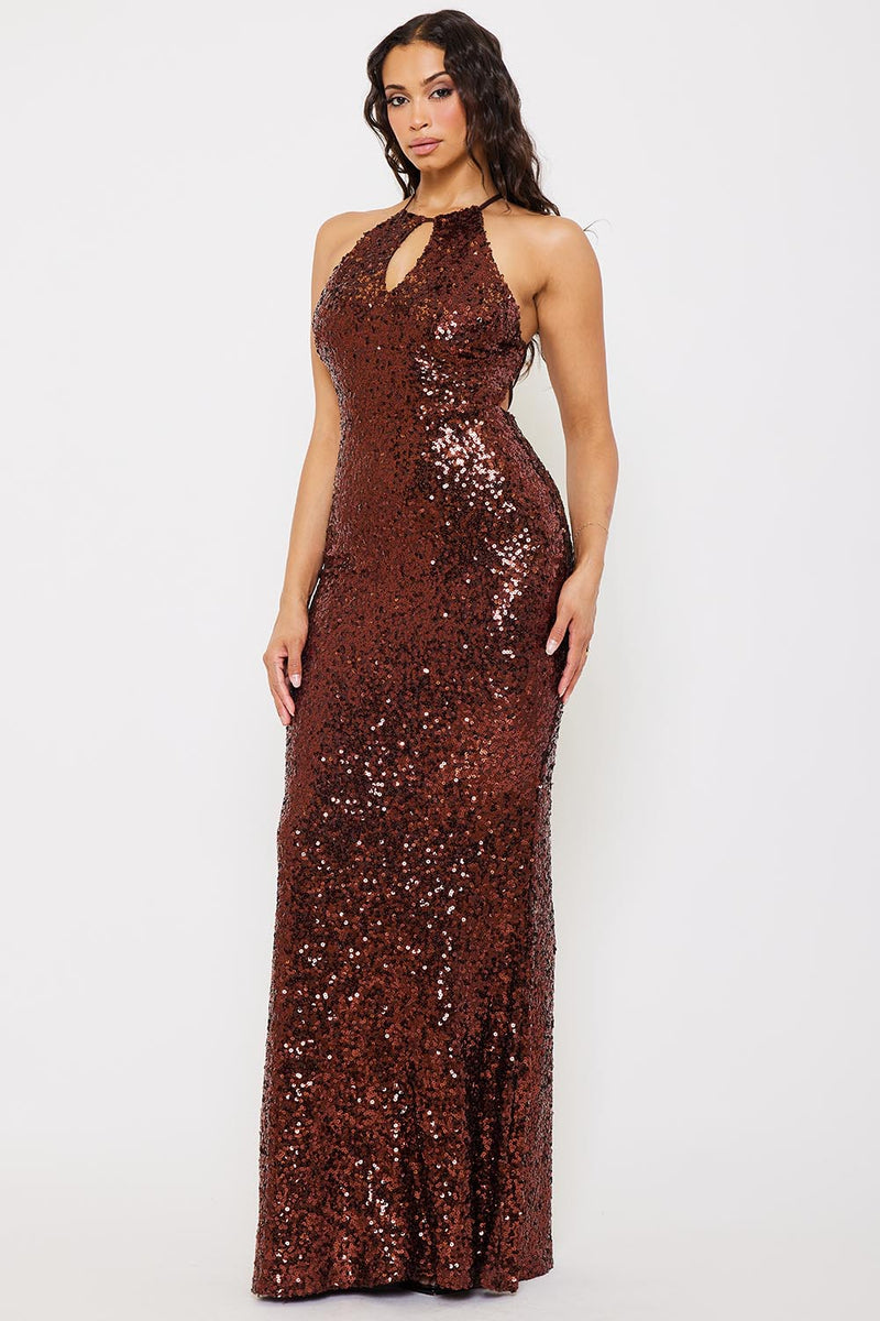 SEQUIN HALTER NECK MERMAID MAXI DRESS