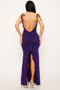 GLITTER POWER MESH RUFFLE BACK MAXI DRESS