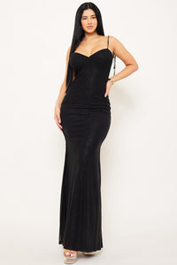 GLITTER POWER MESH RUFFLE BACK MAXI DRESS