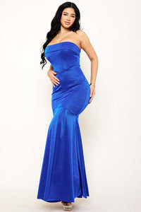 METALLIC SATIN TUBE TOP MERMAID MAXI DRESS