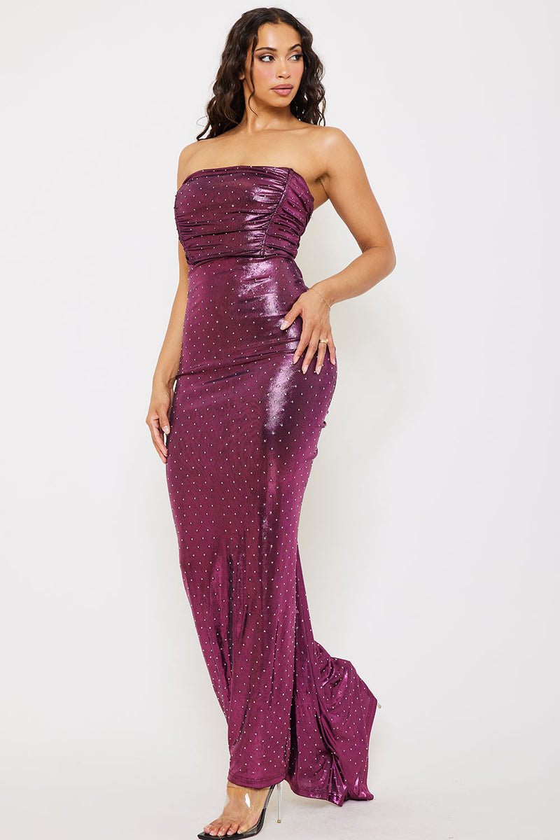 RHINESTONE ON METALLIC FOIL MAXI DRESS