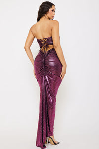 RHINESTONE ON METALLIC FOIL MAXI DRESS