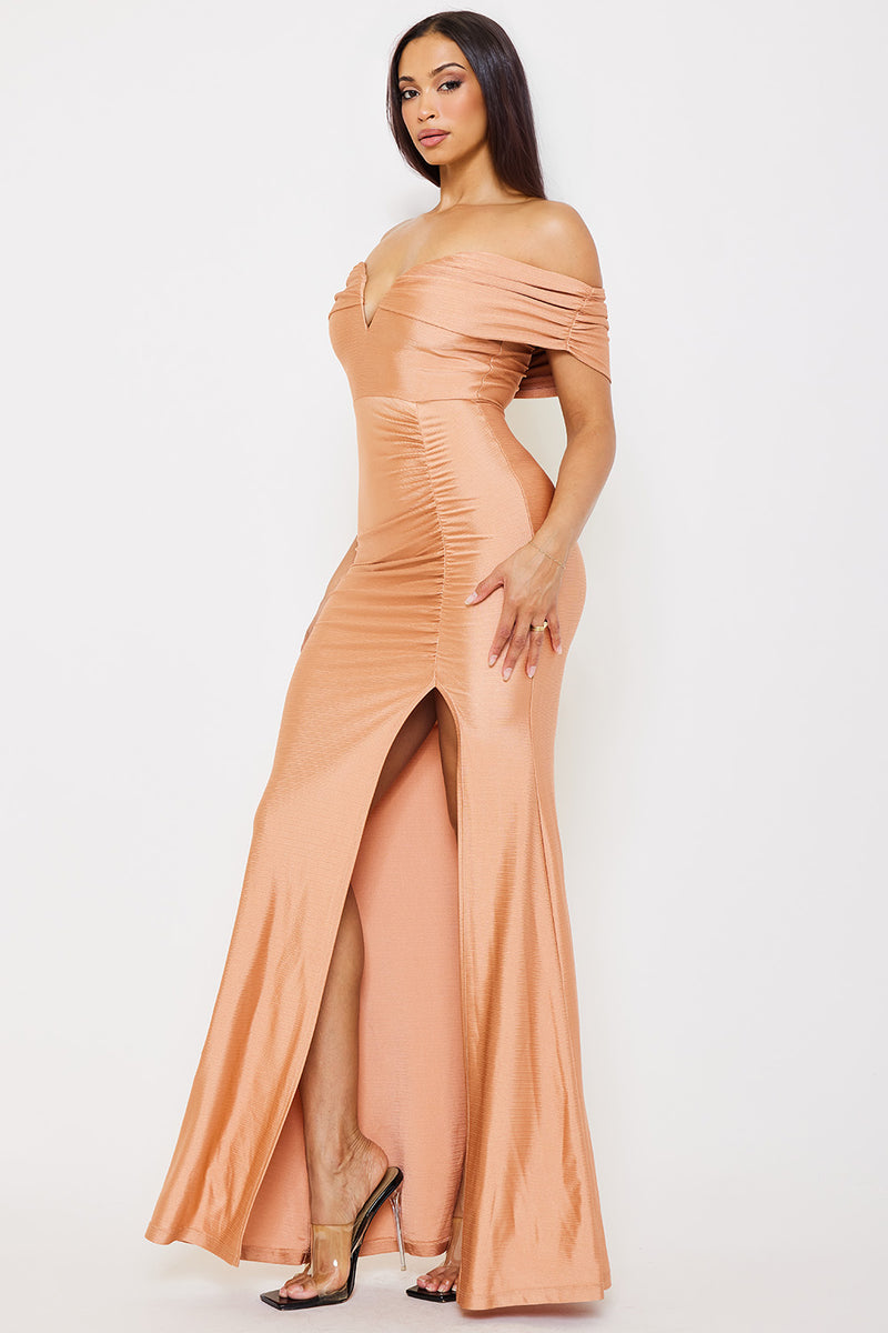 SHINY KNIT OFF THE SHOULDER MERMAID MAXI DRESS