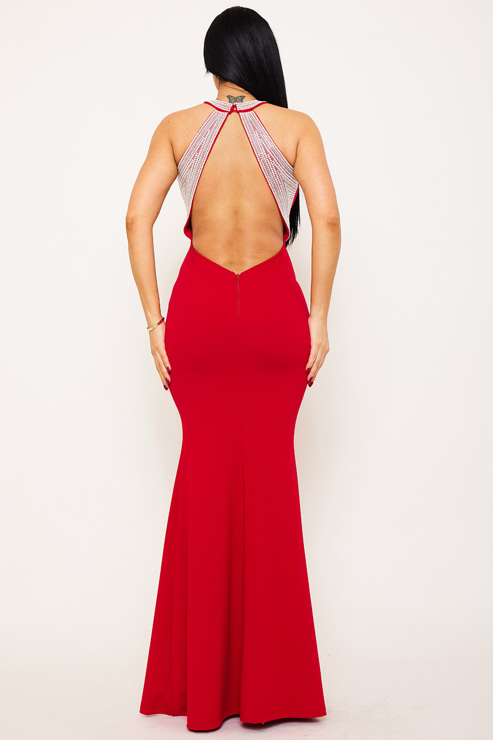 PEARL BACK HALTER NECK MERMAID MAXI DRESS