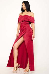 METALLIC PLEATED OFF THE SHOULDER MAXI DRESS