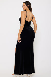 RHINESTONE AND PEARL PANELLED ON VELVET MAXI DRESS