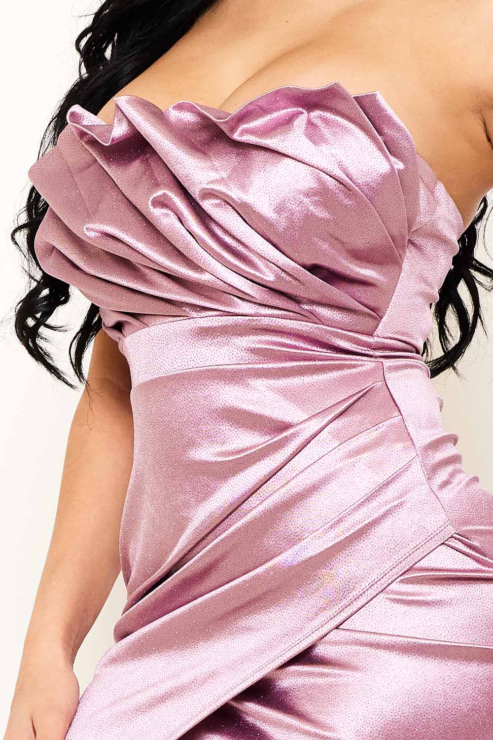 GLITTERED SATIN PLEATED MAXI DRESS