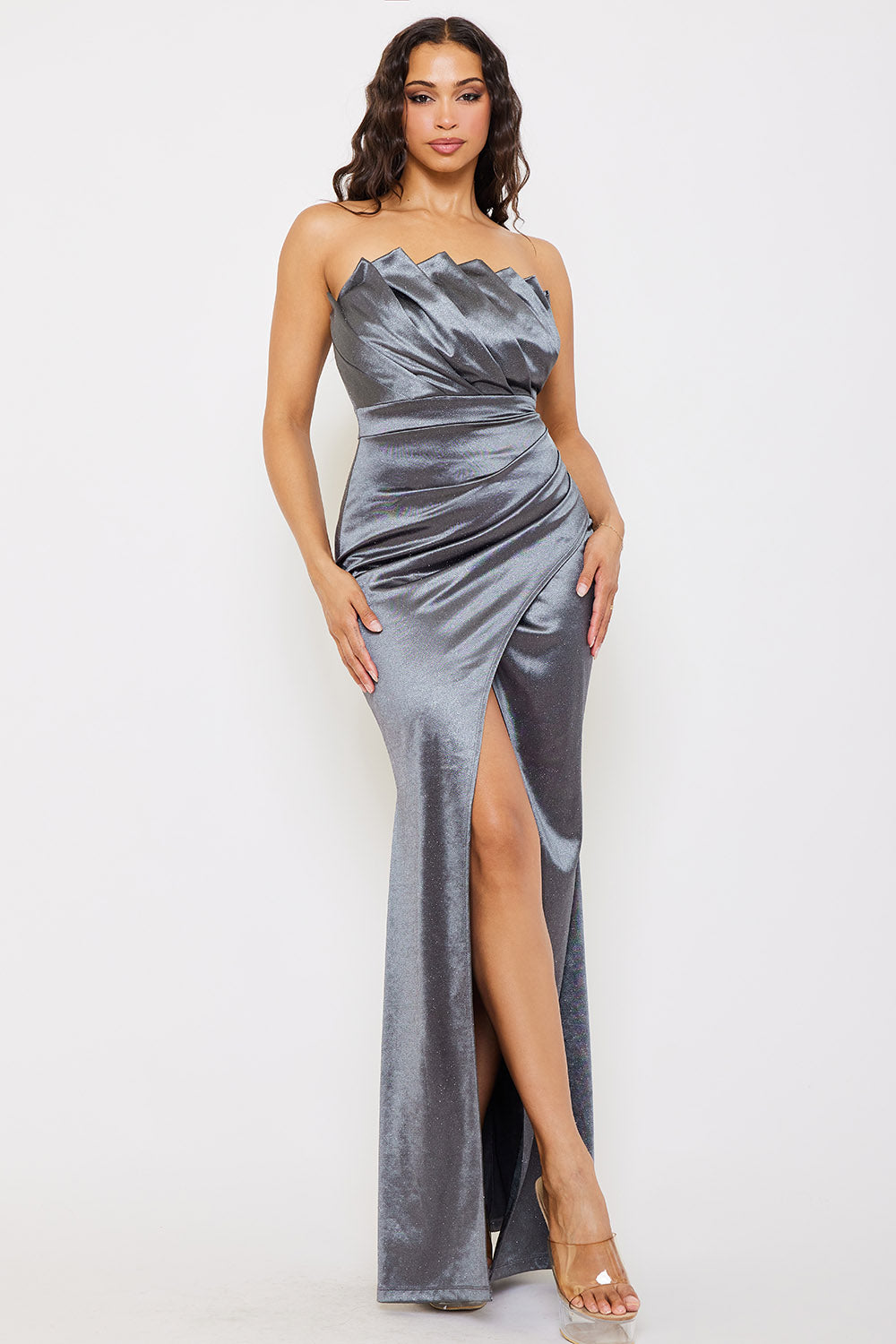 GLITTERED SATIN PLEATED MAXI DRESS