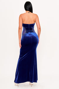 RHINESTONE ON VELVET WITH MESH PANEL MAXI DRESS