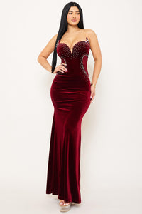 RHINESTONE ON VELVET WITH MESH PANEL MAXI DRESS