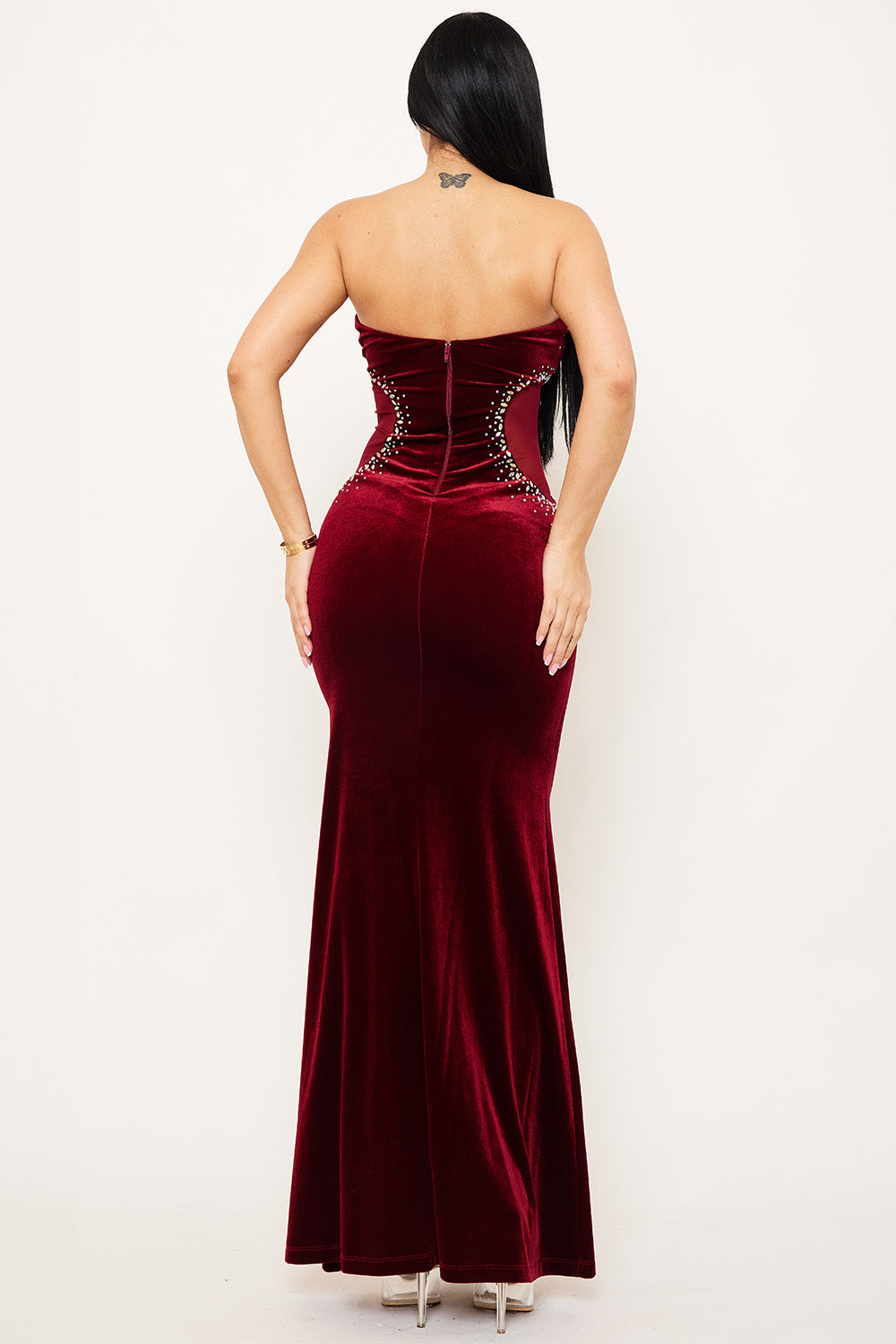 RHINESTONE ON VELVET WITH MESH PANEL MAXI DRESS