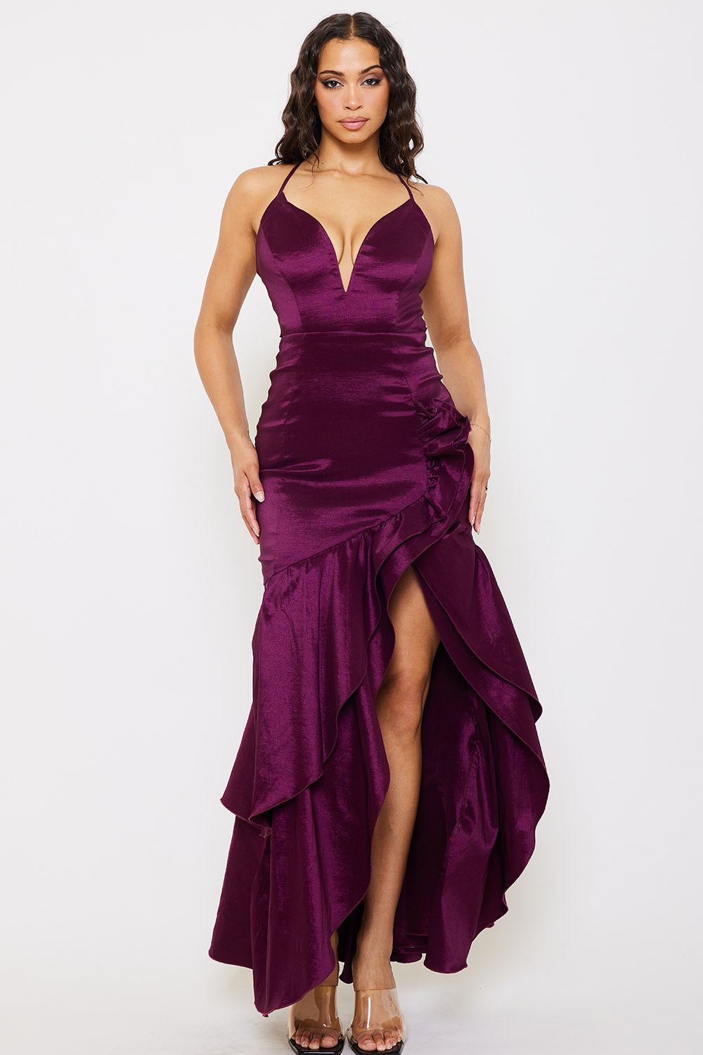 TAFFETA LAYERED RUFFLE MAXI DRESS