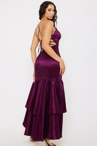 TAFFETA LAYERED RUFFLE MAXI DRESS