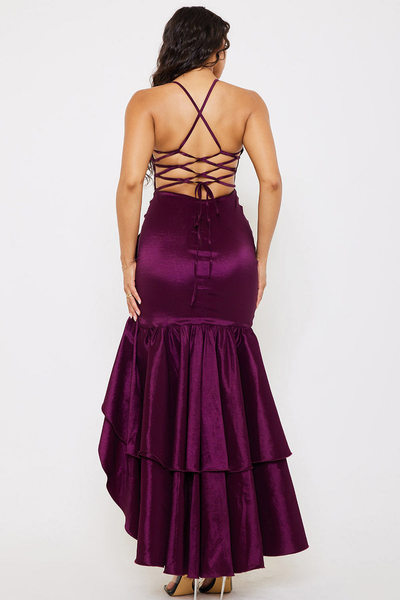 TAFFETA LAYERED RUFFLE MAXI DRESS