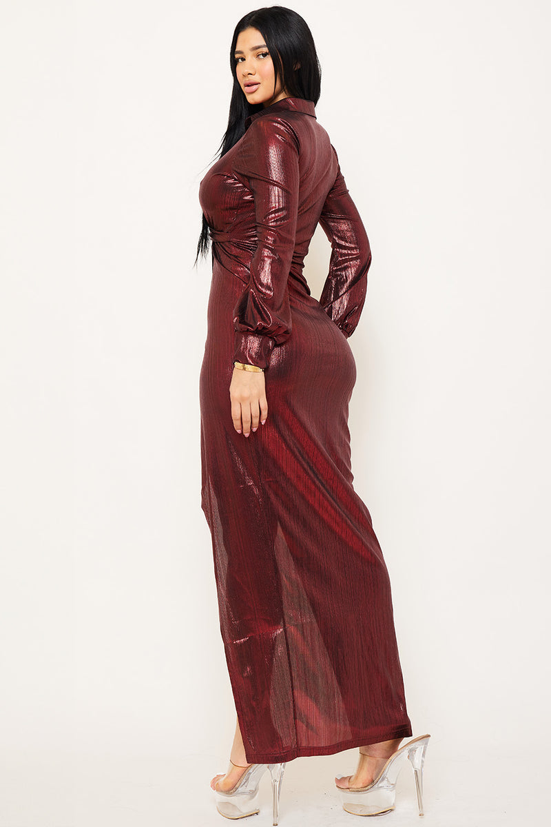 RIB FOIL PLEATED WAIST SHIRT MAXI DRESS