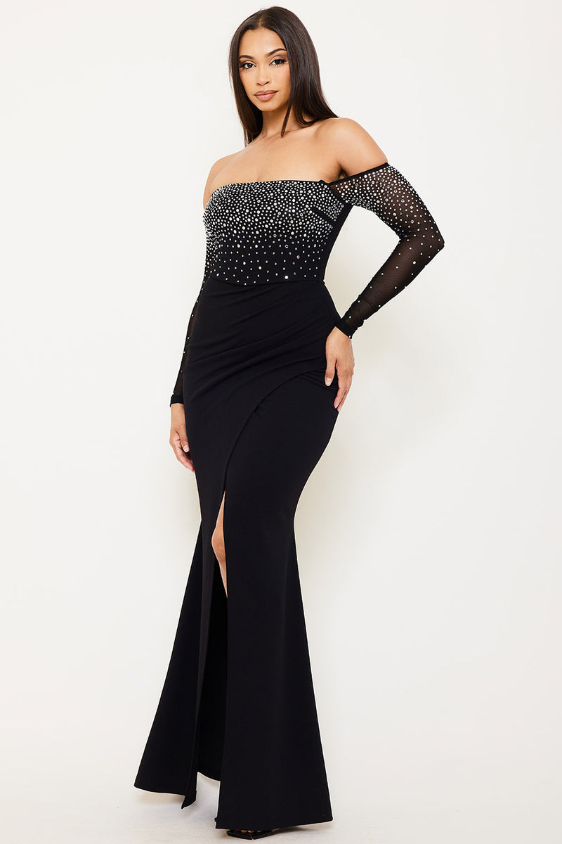 RHINESTONE OFF THE SHOULDER MAXI DRESS