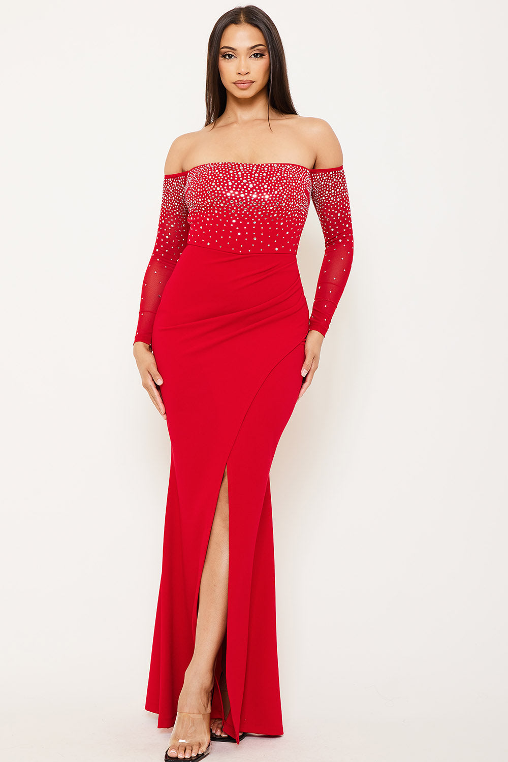 RHINESTONE OFF THE SHOULDER MAXI DRESS