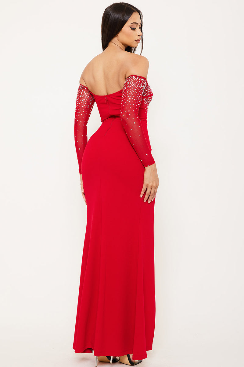 RHINESTONE OFF THE SHOULDER MAXI DRESS