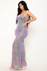 FLORAL PATTERNED SEQIN MESH MERMAID MAXI DRESS