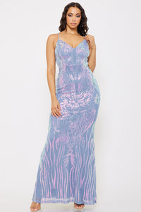 FLORAL PATTERNED SEQIN MESH MERMAID MAXI DRESS