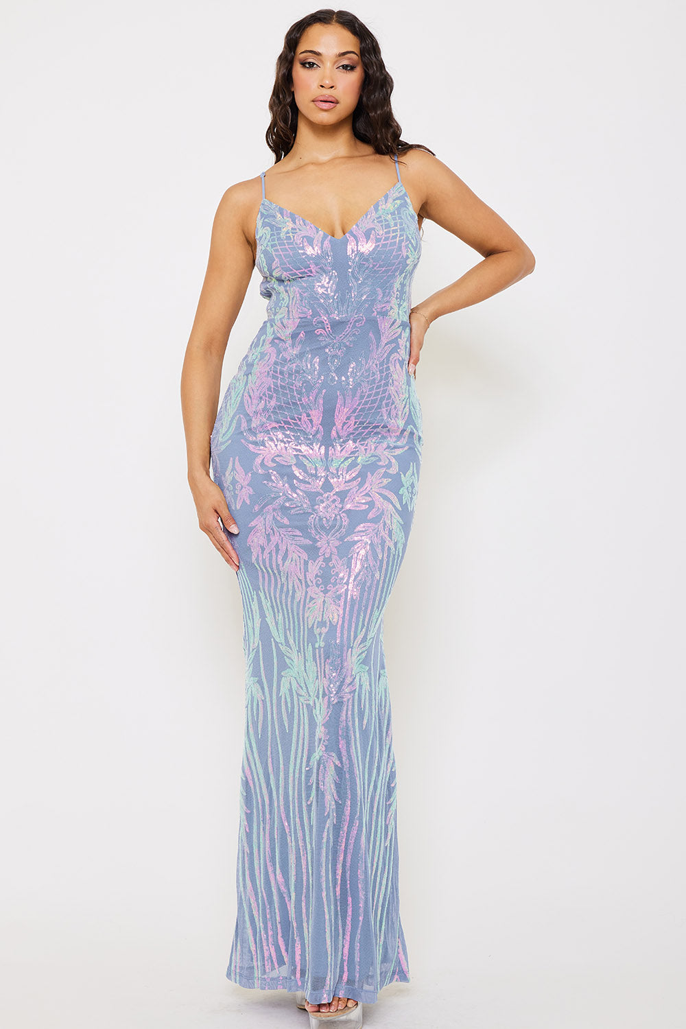 FLORAL PATTERNED SEQIN MESH MERMAID MAXI DRESS