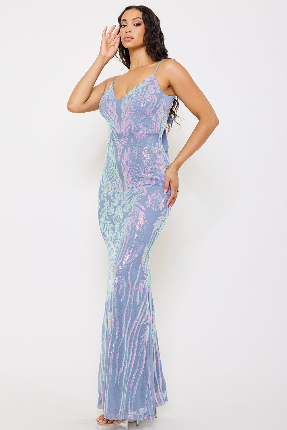 FLORAL PATTERNED SEQIN MESH MERMAID MAXI DRESS