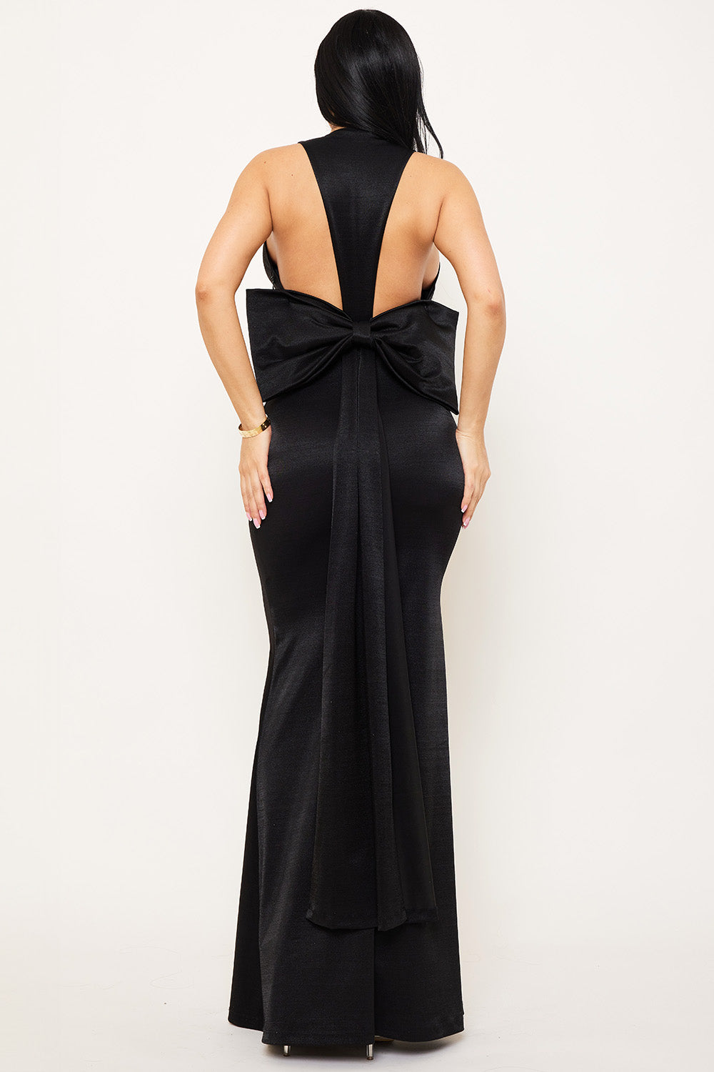 METALLIC BIG BOW BACK DETAIL MAXI DRESS