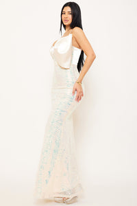 SATIN WITH PATTERNED SEQUIN BODY MAXI DRESS