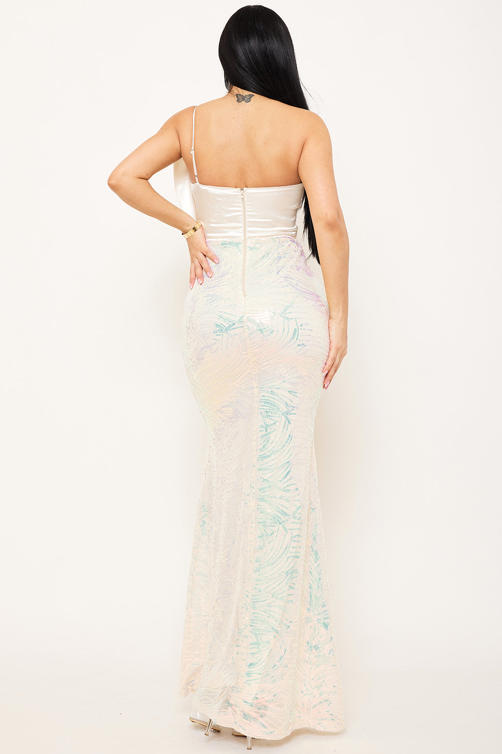 SATIN WITH PATTERNED SEQUIN BODY MAXI DRESS