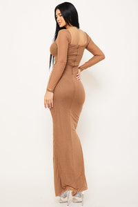 RHINESTONE ON MESH RUCHED MAXI DRESS