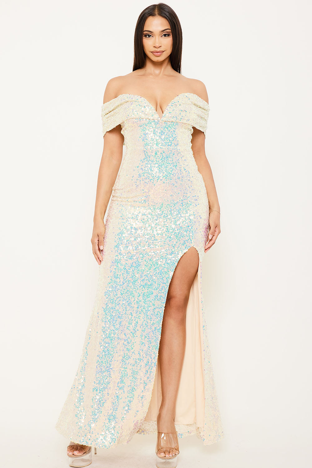 SEQUINS OFF THE SHOULDER MAXI DRESS