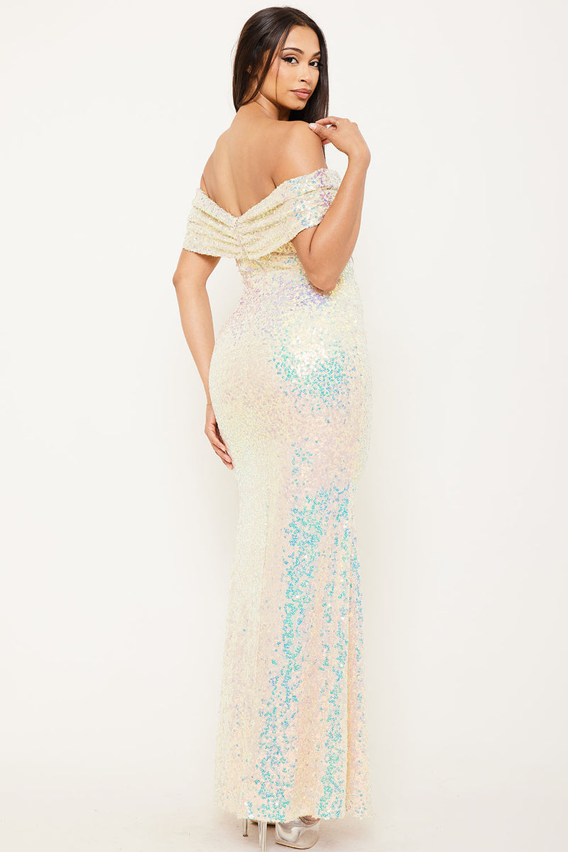 SEQUINS OFF THE SHOULDER MAXI DRESS