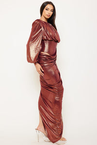 PLEATED FOIL BODYSUIT MAXI DRESS